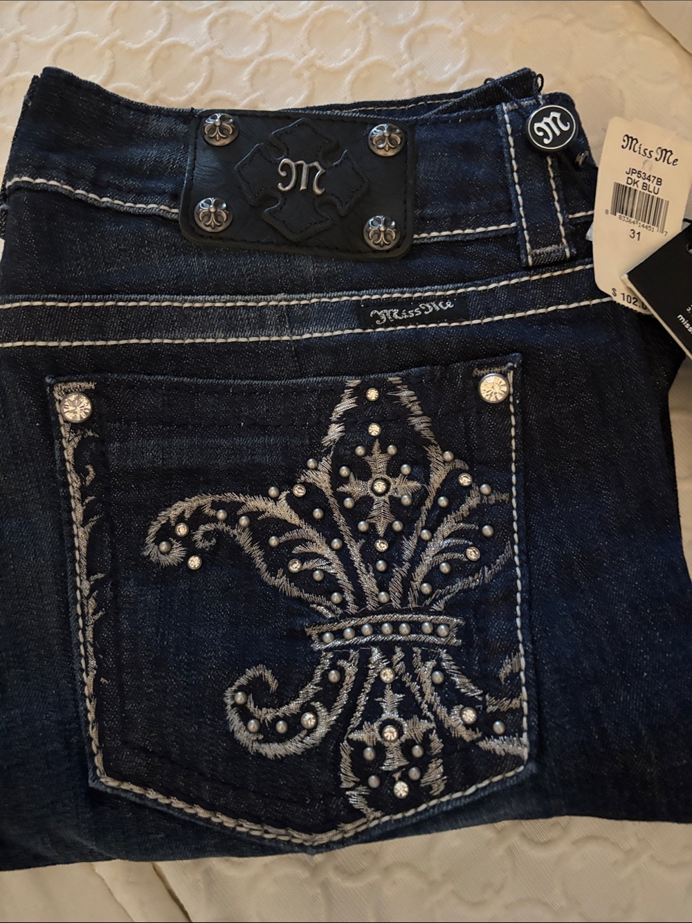 Miss Me Dark Blue Bootcut Jeans with Embroidered Fleur-de-Lis & Studs
